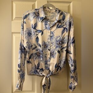 Floral Tie-Front Blouse - Blue and Cream Size Large NWT